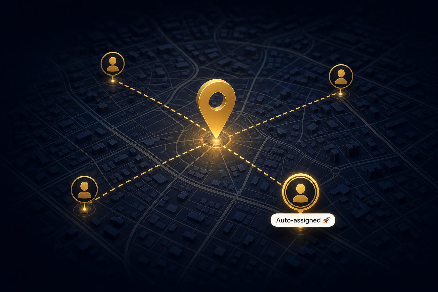 Auto-dispatch map showing a job site pin with the closest crew highlighted as Auto-assigned