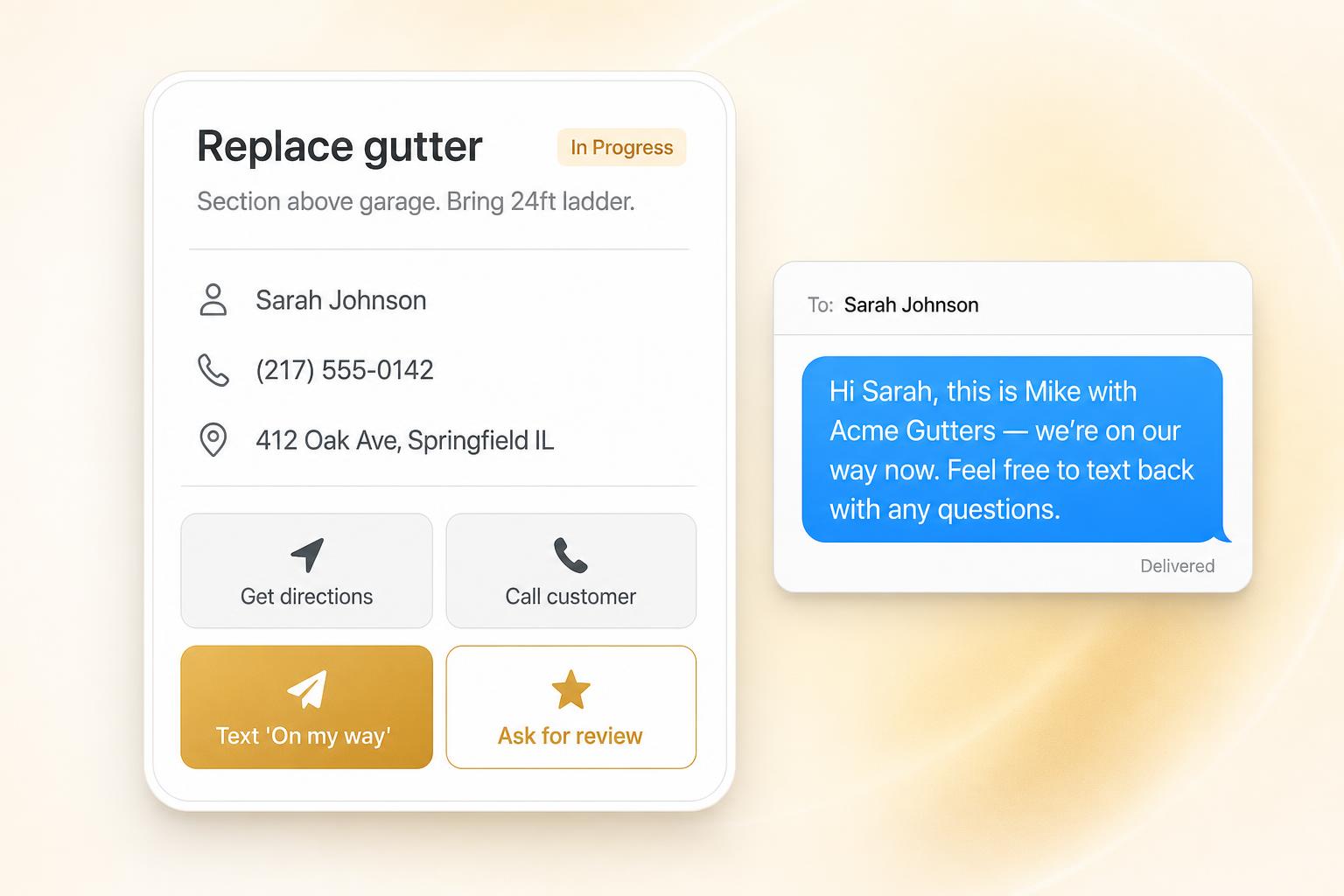 Work order on a phone with 'Text on my way' and 'Ask for review' buttons next to a pre-filled SMS to the customer